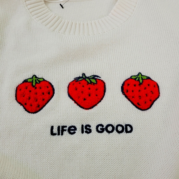 Life Is Good Cotton Blend "Strawberry" Cream Knit Pullover Sweater S - Picture 3 of 8